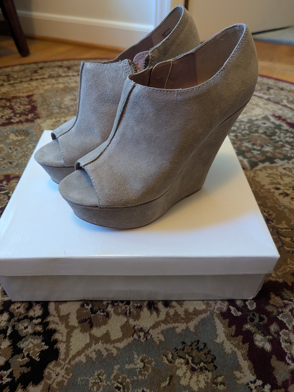 Steve Madden Taupe Suede Peep-Toe Wedge Booties